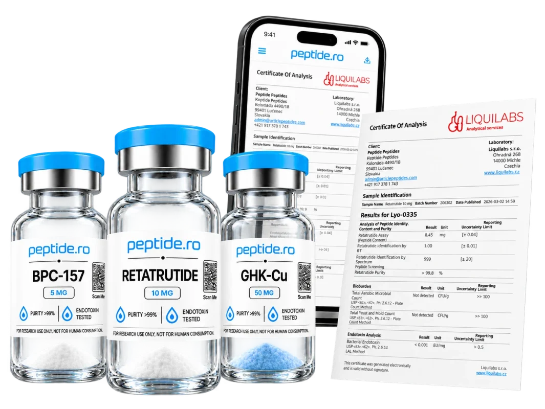 Flacoane de peptide și certificat COA pe telefon