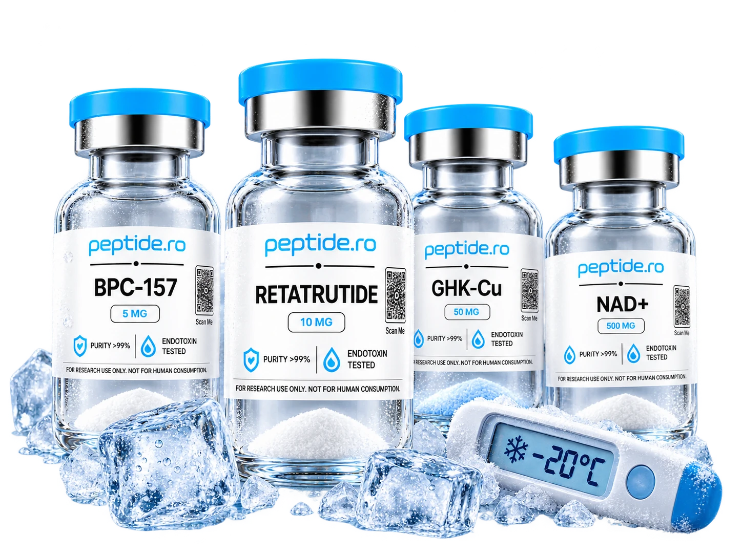 Flacoane de peptide pe gheață cu termometru