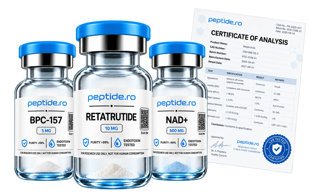 Flacoane de peptide pentru cercetare cu certificat de analiză COA Peptide.ro